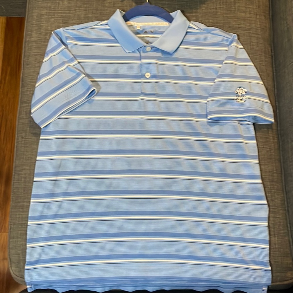 Boys Large Adidas Golf ClimaLite Light Blue Stripe Polo Shirt.